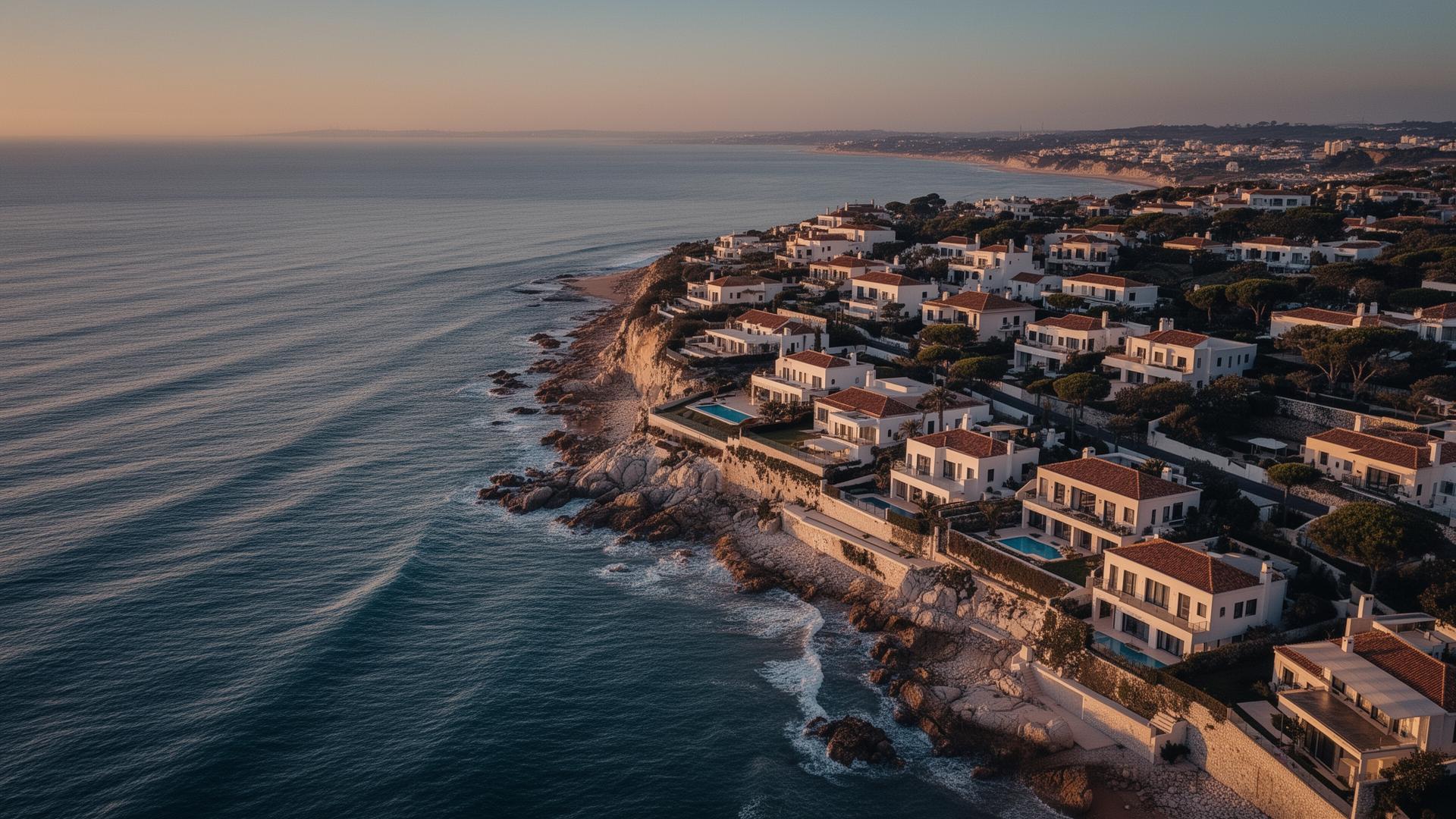 Vista aérea da costa de Cascais ao pôr do sol
